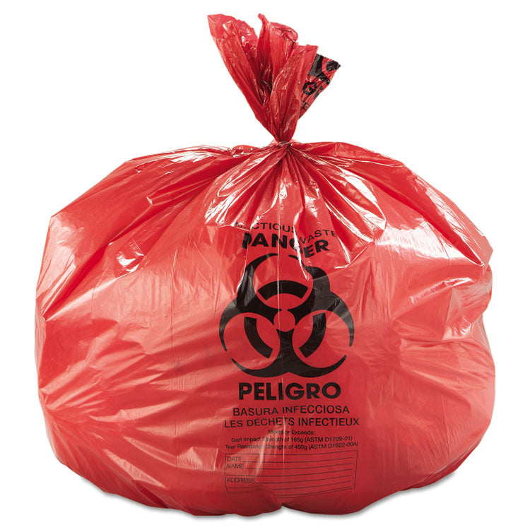Low-Density Commercial Can Liners, Infectious Waste Biohazard, 45 gal, 1.3 mil, 40" x 46", Red, Interleaved, 20/RL, 5 RL/CT