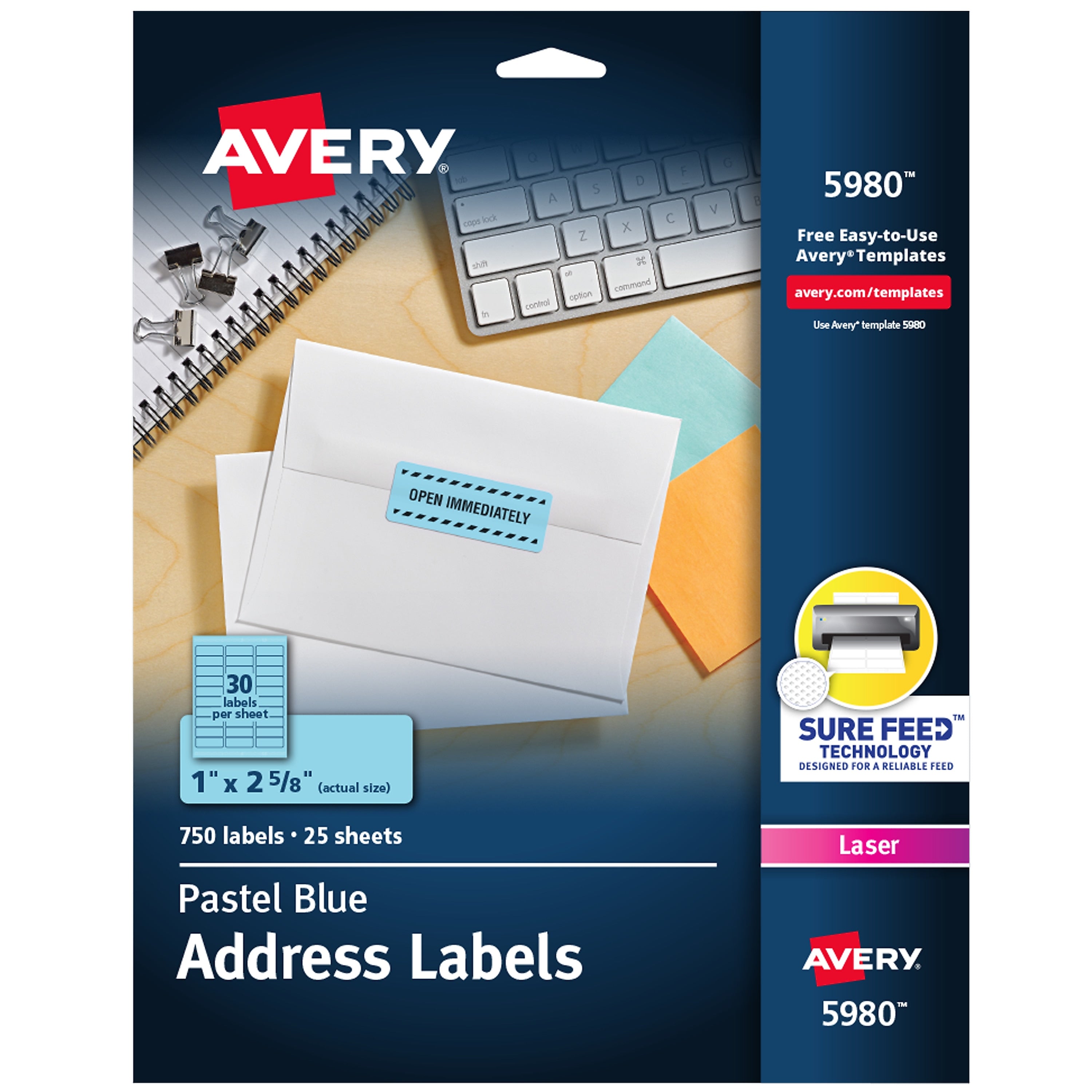 Avery Sure Feed Laser Address Labels, 1" x 2 5/8", Pastel Blue, 750 Labels/Pack (5980)