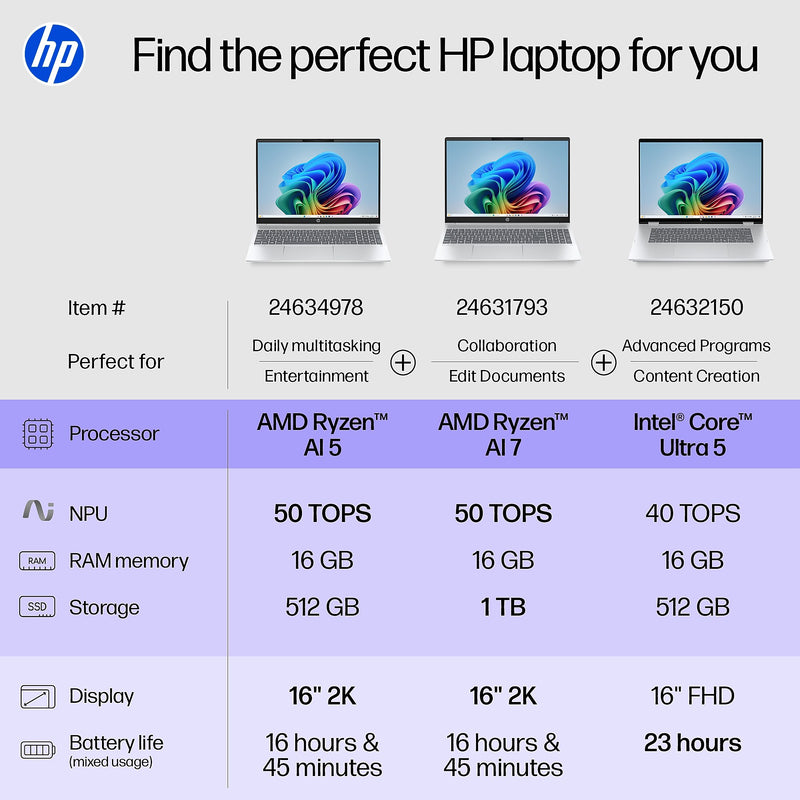 HP OmniBook 5 16" 2K Laptop, Copilot+ PC, AMD Ryzen AI 7 350, 16GB RAM, 1TB SSD, +16.75 Hour Battery, Windows 11 Home
