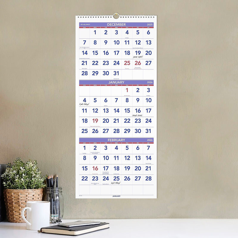 2026 AT-A-GLANCE 12" x 27" Three-Month Wall Calendar, White/Purple (PM11-28-26)