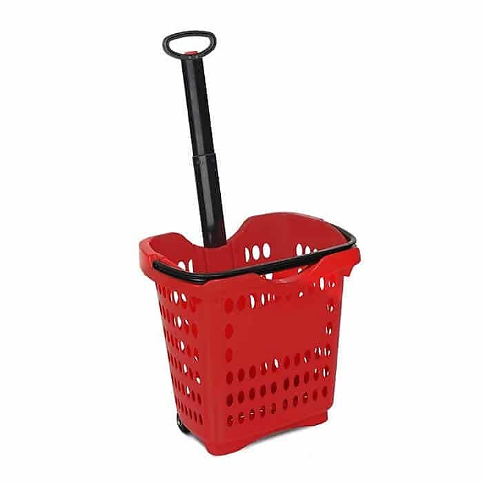 Versacart Rolling Hand Basket w/ Retractable Pull Handle, 40 Liters, Red, 10/Pack (206-40L RED 10)