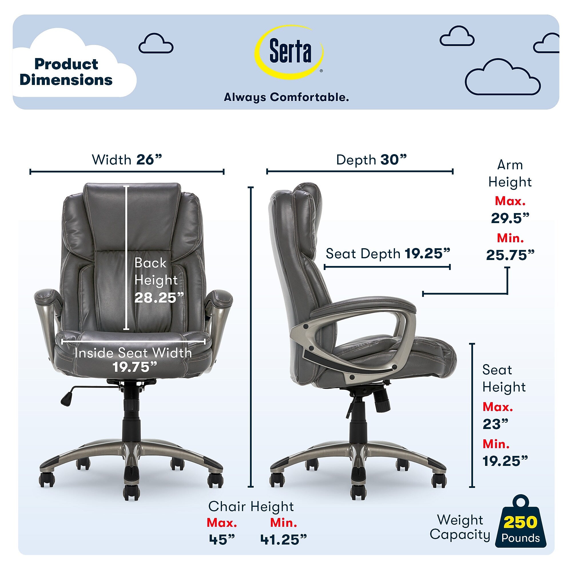 Serta Garret Ergonomic Bonded Leather Swivel Executive Chair, Harvard Gray (CHR200113)