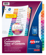 Avery Ready Index Table of Contents Paper Dividers, 1-15 Tabs, Multicolor, 6 Sets/Pack (11197)