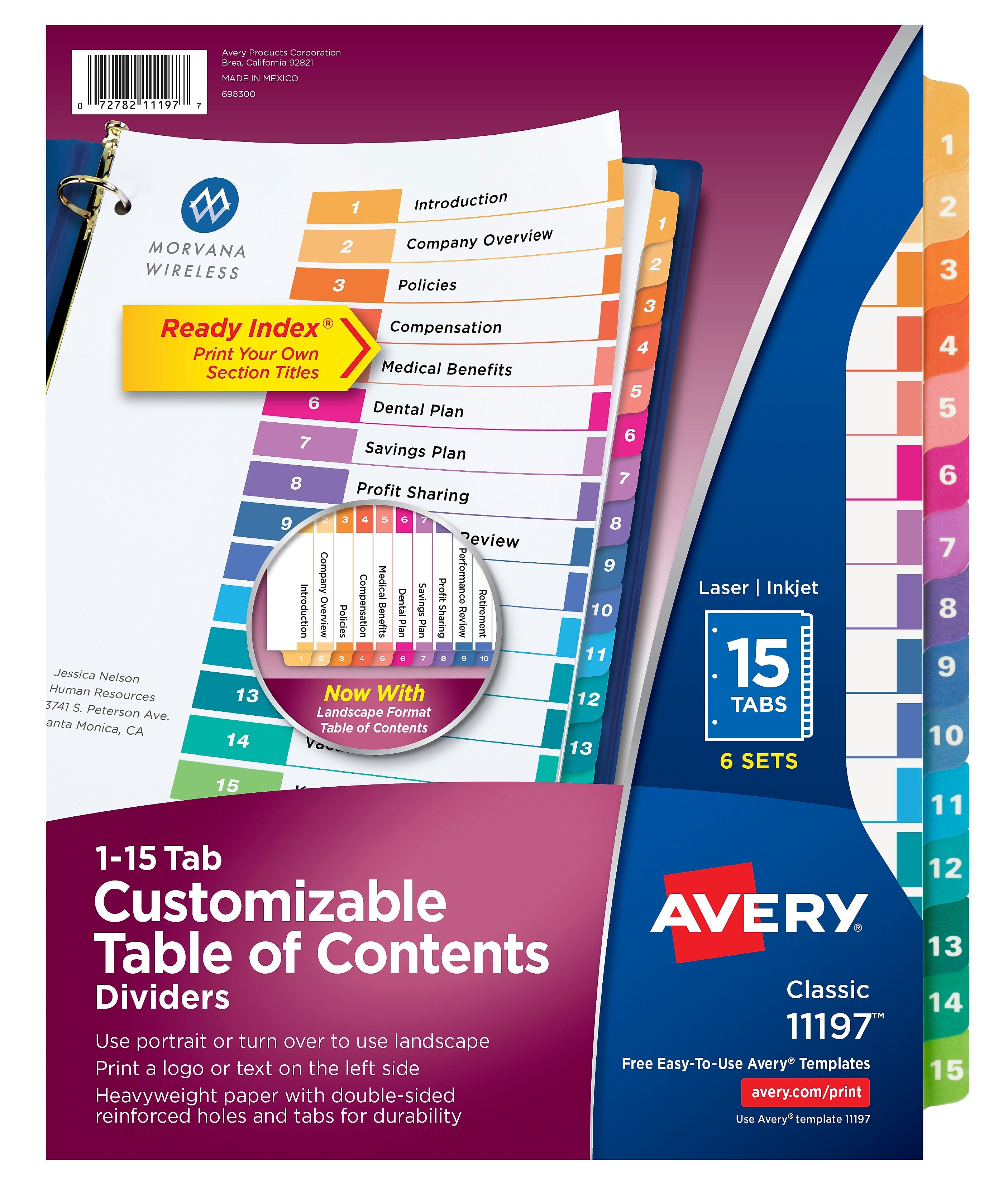 Avery Ready Index Table of Contents Paper Dividers, 1-15 Tabs, Multicolor, 6 Sets/Pack (11197)