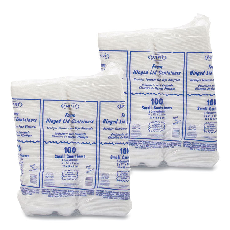 Foam Hinged Lid Containers, 3 Compartments, 7.5 x 8 x 2.3, White, 200/Carton