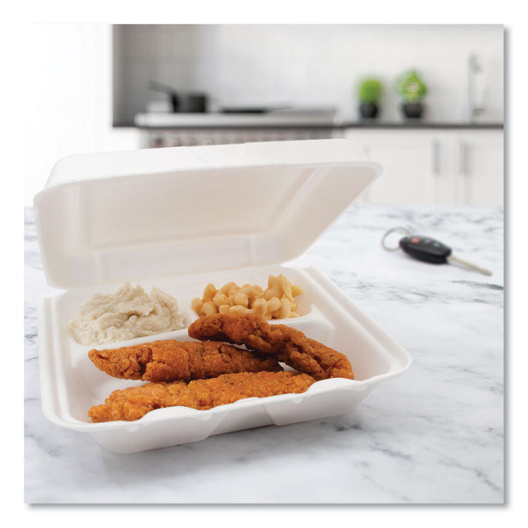 Foam Hinged Lid Containers, 3 Compartments, 7.5 x 8 x 2.3, White, 200/Carton