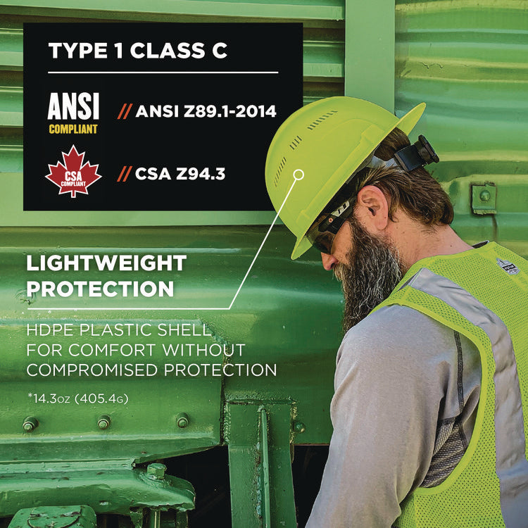 Skullerz 8968 Class C Lightweight Full Brim Hard Hat, Adjustable Venting, 6-Point Rachet Suspension, Lime