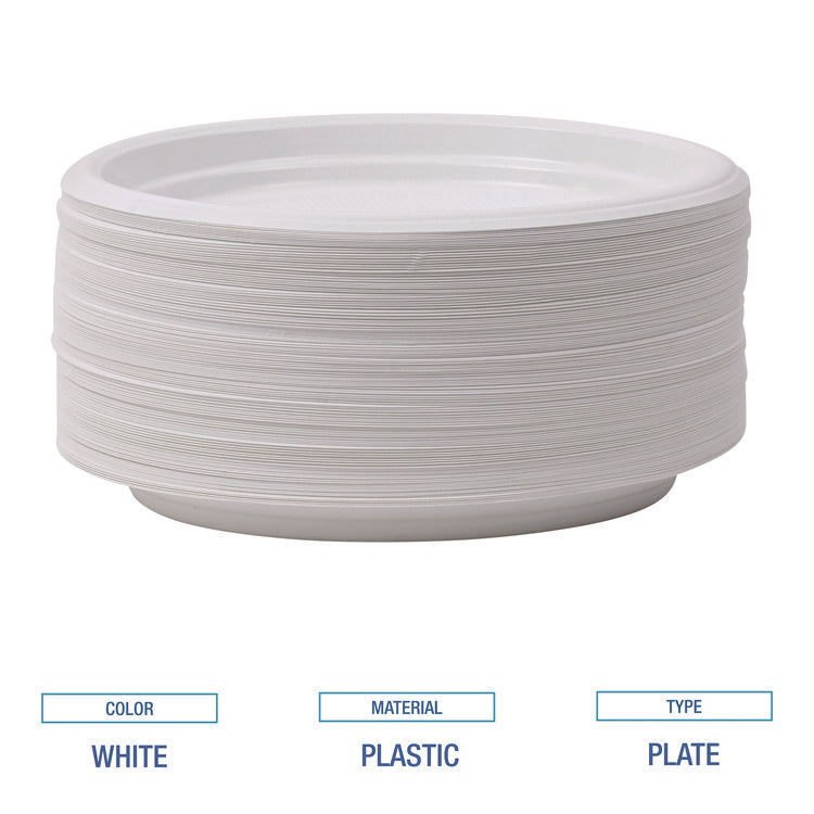 Hi-Impact Plastic Dinnerware, Plate, 9" Dia, White, 500/carton