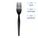 Heavyweight Polystyrene Cutlery, Fork, Plastic, Black, 1,000/Carton