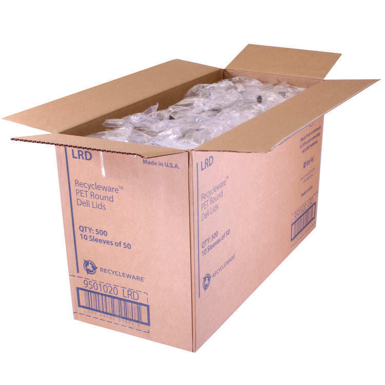 Recycleware Round Deli Container Lids, Flat Plug Fit, Clear, Plastic, 500/Carton
