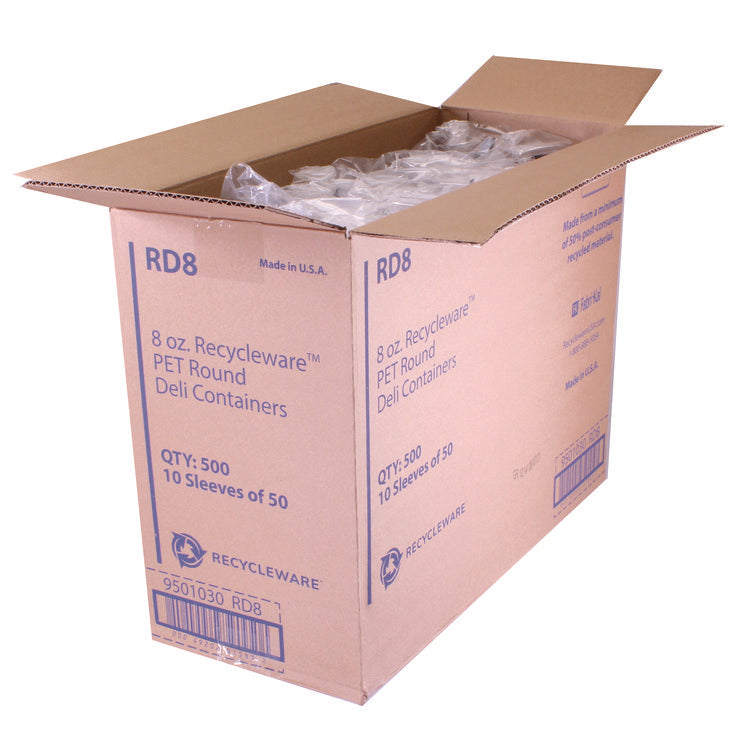 Recycleware Round Deli Container, 8 oz, 4.6" Diameter x 1.7" h, Clear, Plastic, 500/Carton
