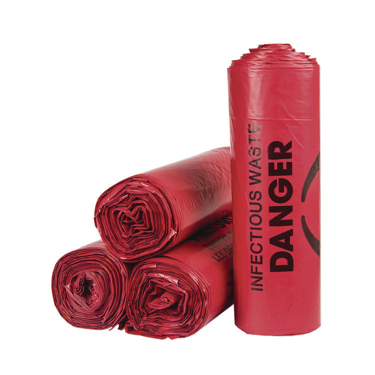 Institutional Low-Density Can Liners, Infectious Waste Biohazard, 33 gal, 1.3 mil, 33 x 39, Red, Interleaved, 25/RL, 6 RL/CT