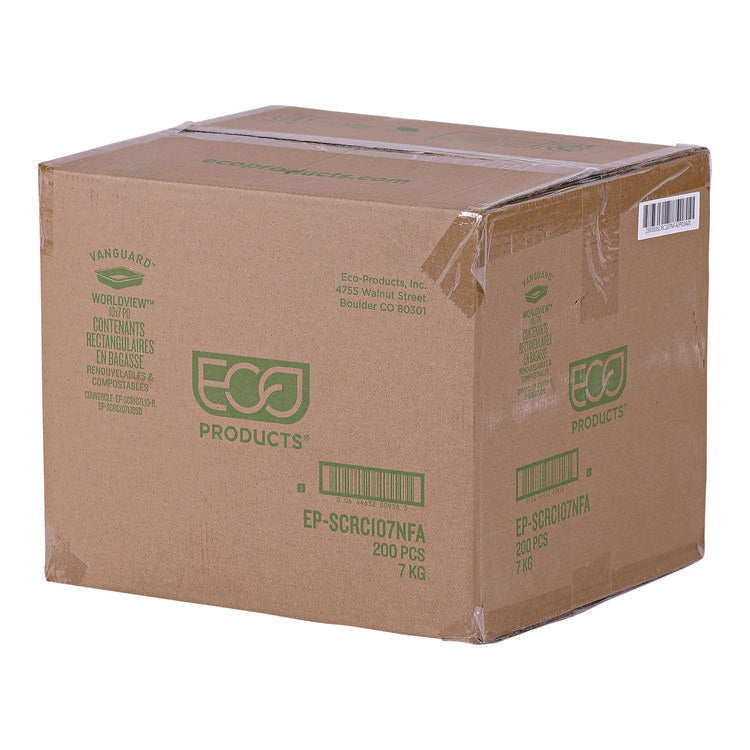 Vanguard Worldview Renewable and Compostable Sugarcane Take-Out Containers, 10.47 x 10.47 x 1.76, White, 200/Carton