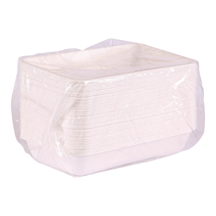 Vanguard Worldview Renewable and Compostable Sugarcane Take-Out Containers, 10.47 x 10.47 x 1.76, White, 200/Carton