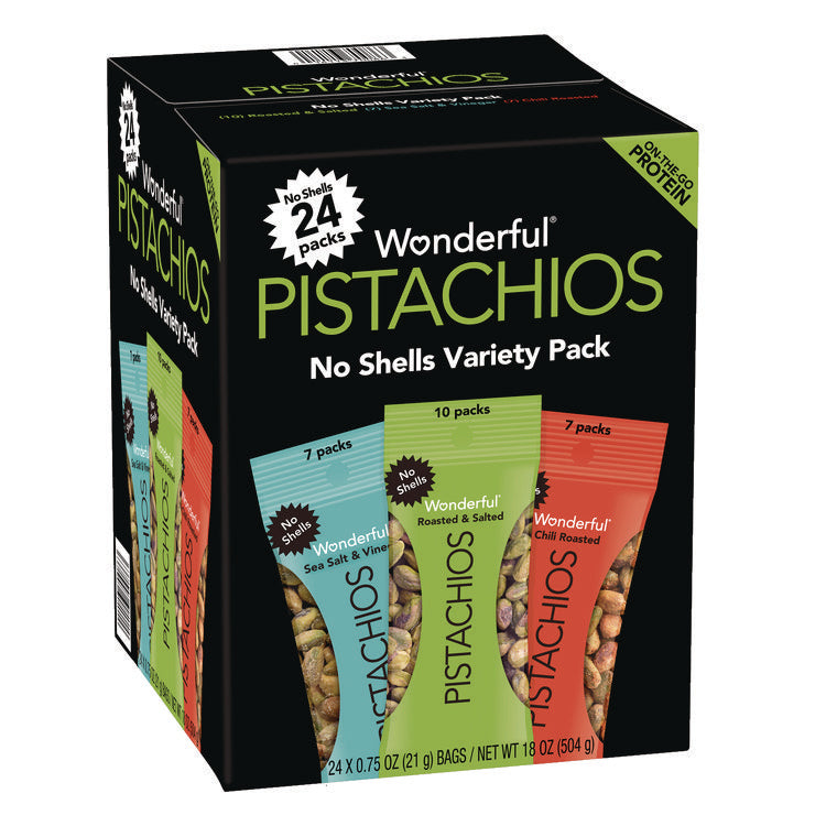 No Shells Roasted and Salted Pistachios Variety Pack, Assorted Flavors, 0.75 oz Bag, 24/Carton