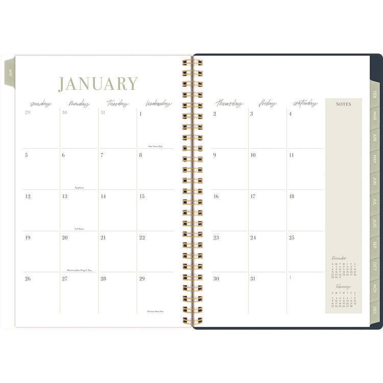 Leah Bisch Weekly/Monthly Floral Planner, Floral Artwork, 8.5" x 6.38", Blue/White/Gold Cover, 12-Month (Jan to Dec): 2025