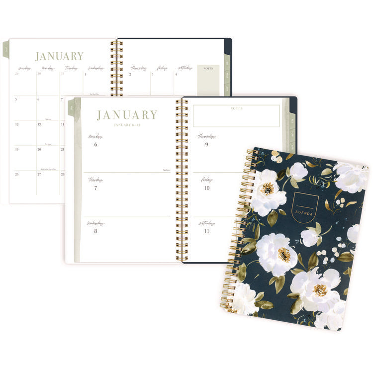 Leah Bisch Weekly/Monthly Floral Planner, Floral Artwork, 8.5" x 6.38", Blue/White/Gold Cover, 12-Month (Jan to Dec): 2025