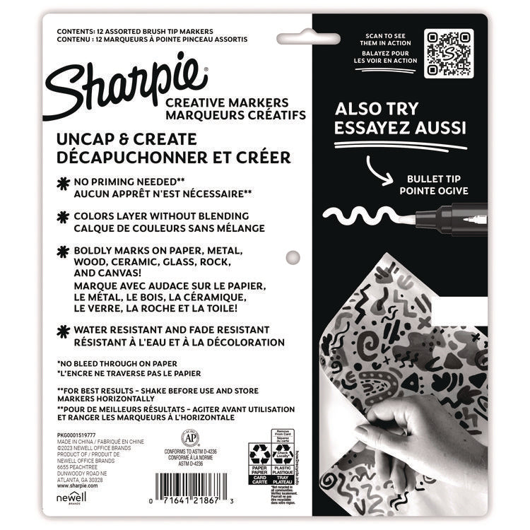 Creative Markers, Fine Brush Tip, Assorted Colors, 12/Pack