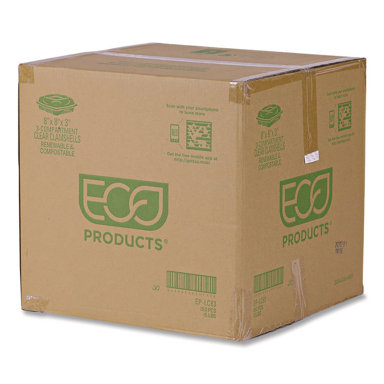 Renewable and Compostable Clear Clamshell Hinged Food Containers, 3 Compartments, 8 x 8 x 3, Plastic, 80/Pack, 2 Packs/Carton