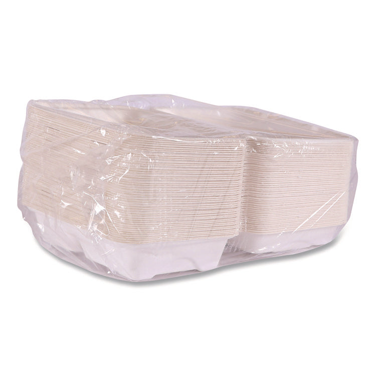 Vanguard Renewable and Compostable Sugarcane Clamshells, 3 Compartments, 9 x 6 x 3, White, 250/Carton
