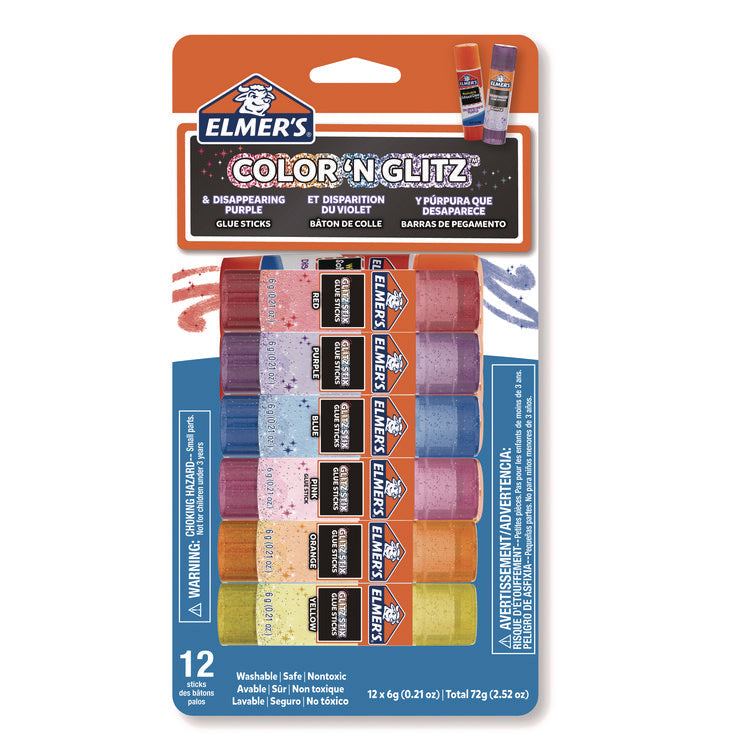 Glitter Glue Sticks, Applies Assorted Colors, 0.21 oz, Dries Clear Glitter, 12/Pack