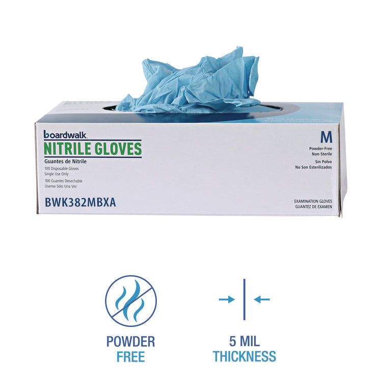Disposable Examination Nitrile Gloves, Powder-Free, Medium, 5 mil Thick, 9.5" Long, Blue, 100/Box, 10 Boxes/Carton