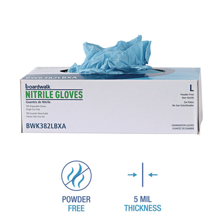 Disposable Examination Nitrile Gloves, Powder-Free, Large, 5 mil Thick, 9.5" Long, Blue, 100/Box