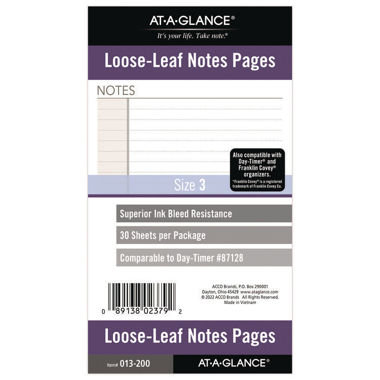 Lined Notes Pages for Planners/Organizers, 6.75 x 3.75, White Sheets, Undated, 30 Sheets