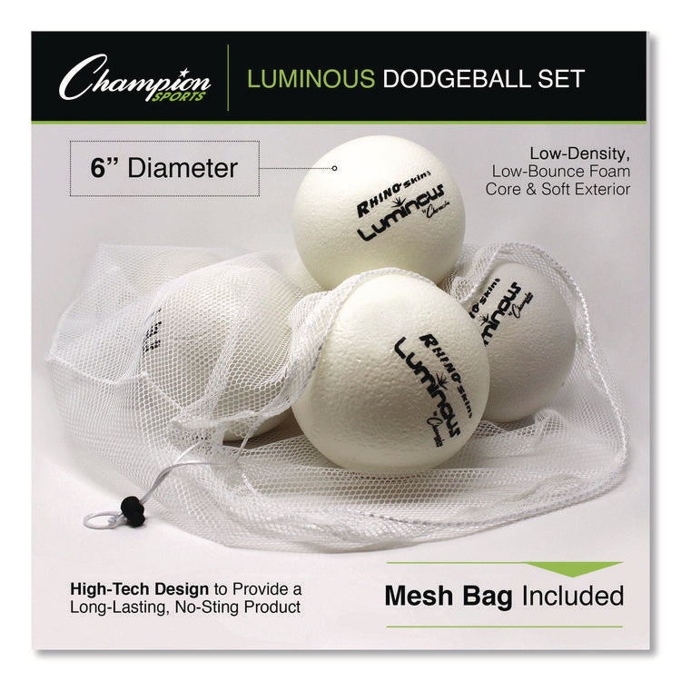 Rhino Skin Luminous Dodgeball Set, 6.3" Diameter, Luminous White/Blue, 6/Set