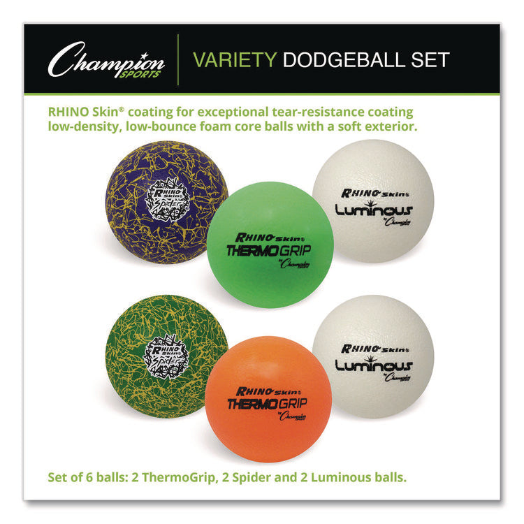 Rhino Skin Luminous, Spider and ThermoGrip Dodgeball Set, 6.3" Diameter, Assorted Colors, 6/Set
