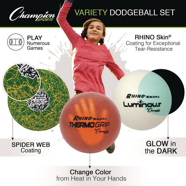 Rhino Skin Luminous, Spider and ThermoGrip Dodgeball Set, 6.3" Diameter, Assorted Colors, 6/Set