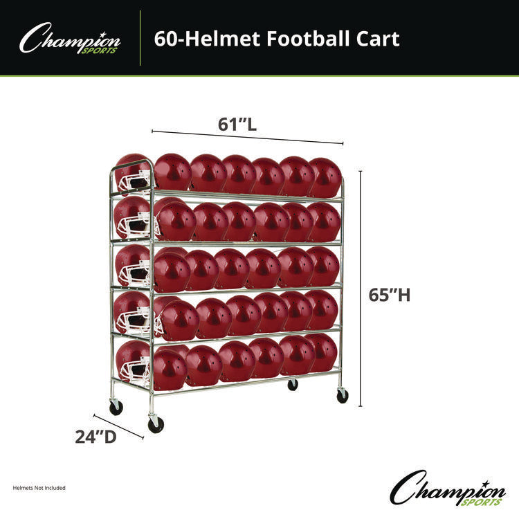 60 Helmet Football Cart, Five Shelves, Metal, 176 lb Capacity, 24" x 61" x 65", Chrome