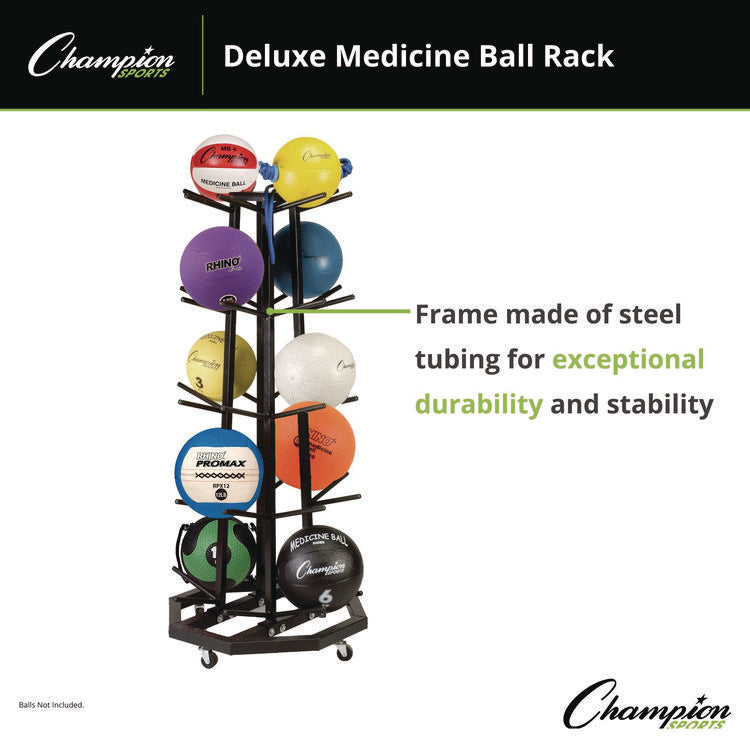 Deluxe Five-Row Mobile Medicine Ball Rack, Metal, 198 lb Capacity, 25" x 25" x 56", Black
