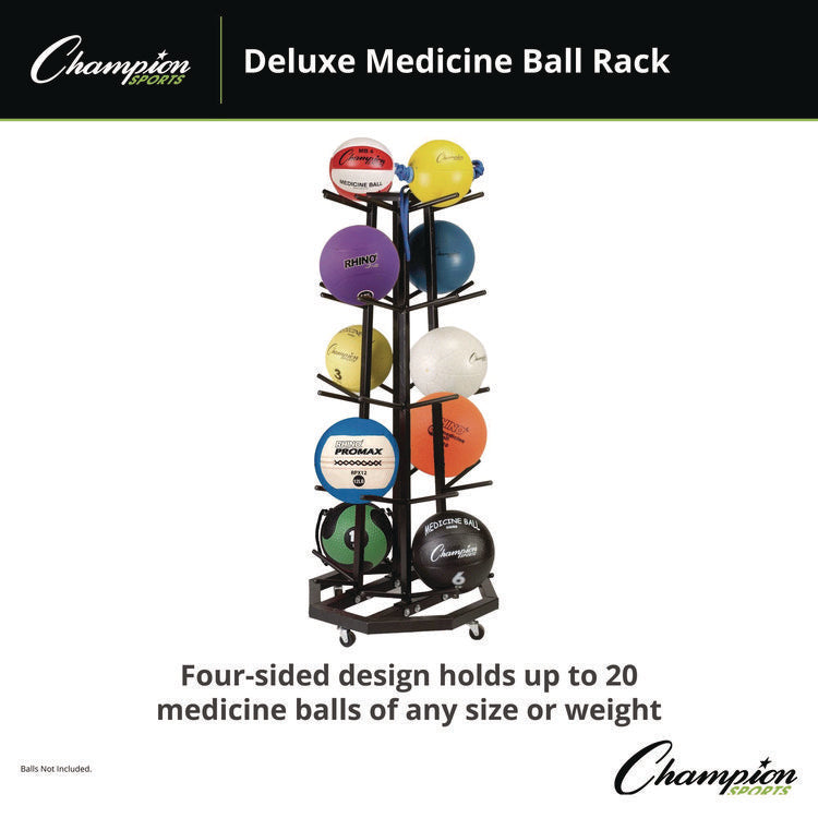 Deluxe Five-Row Mobile Medicine Ball Rack, Metal, 198 lb Capacity, 25" x 25" x 56", Black