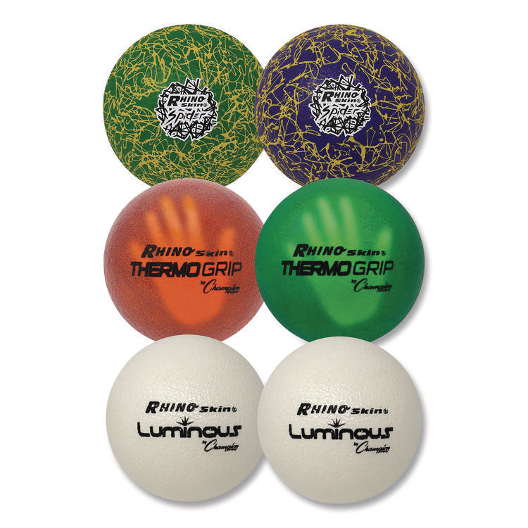 Rhino Skin Luminous, Spider and ThermoGrip Dodgeball Set, 6.3" Diameter, Assorted Colors, 6/Set