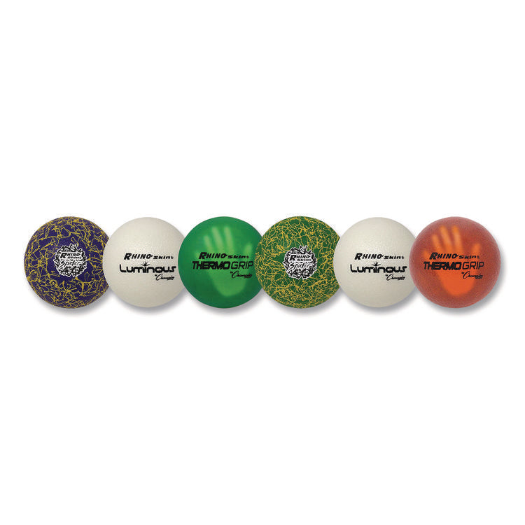 Rhino Skin Luminous, Spider and ThermoGrip Dodgeball Set, 6.3" Diameter, Assorted Colors, 6/Set