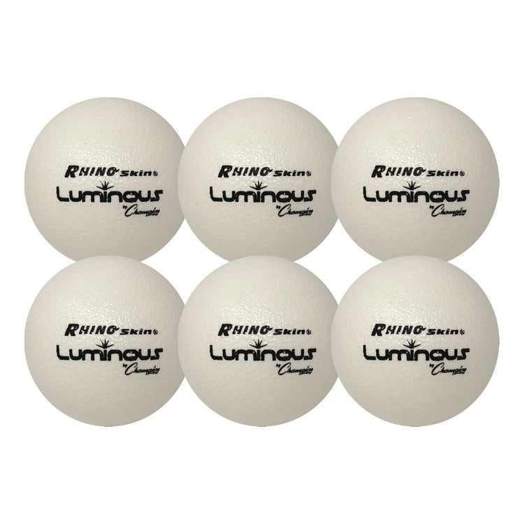 Rhino Skin Luminous Dodgeball Set, 6.3" Diameter, Luminous White/Blue, 6/Set
