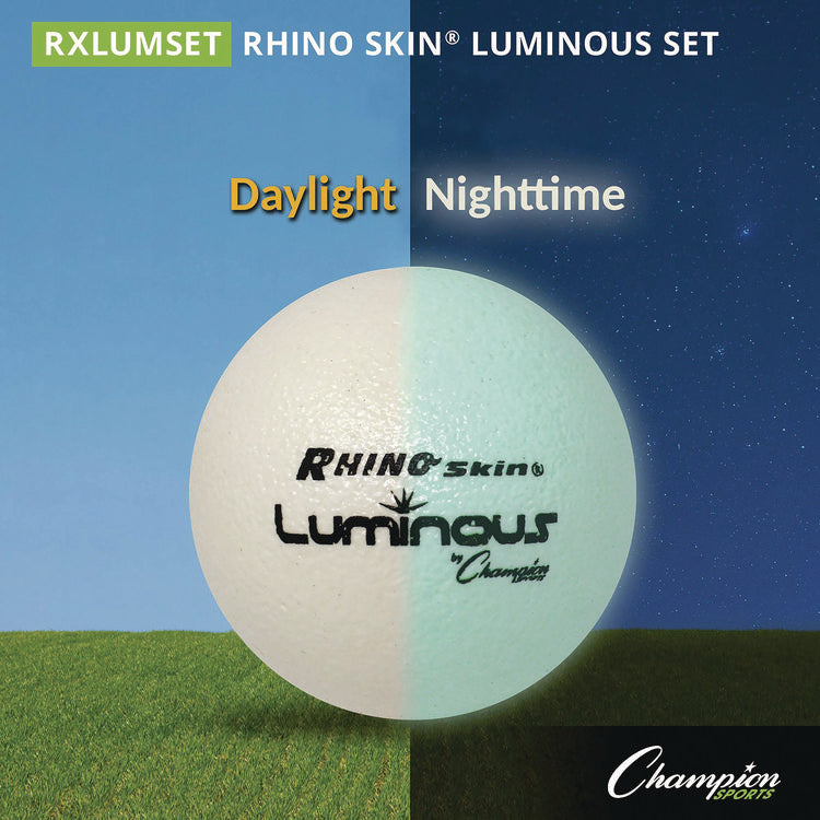 Rhino Skin Luminous Dodgeball Set, 6.3" Diameter, Luminous White/Blue, 6/Set