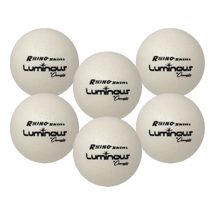 Rhino Skin Luminous Dodgeball Set, 6.3" Diameter, Luminous White/Blue, 6/Set