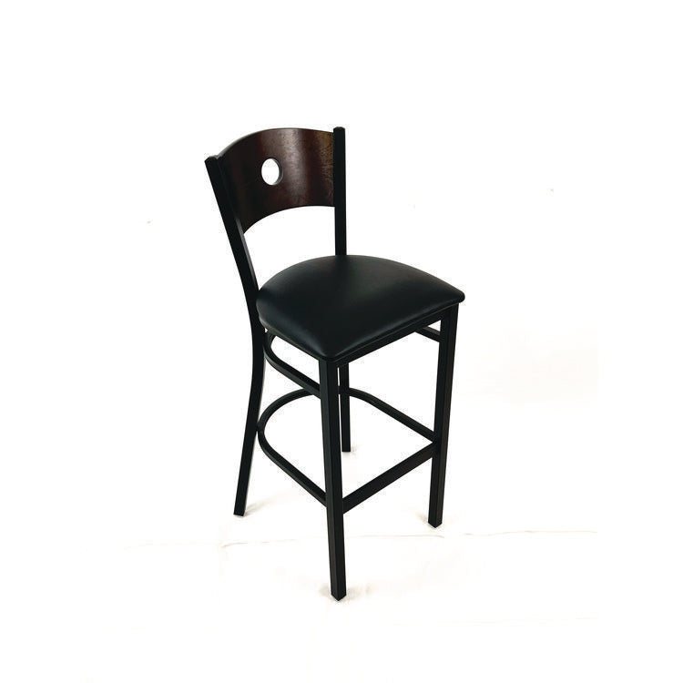 Circle Series Barstool, Supports Up to 300 lb, 28.5" Seat Height, Black Seat, Dark Walnut Back, Black Base