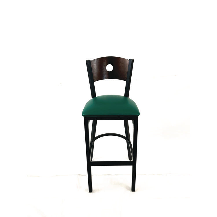 Circle Series Barstool, Supports Up to 300 lb, 28.5" Seat Height, Green Seat, Dark Walnut Back, Black Base