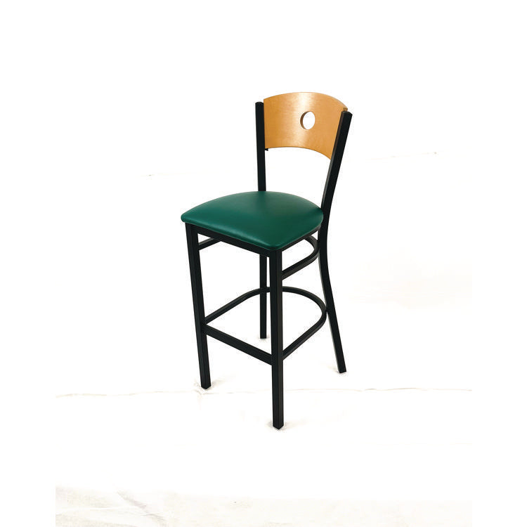 Circle Series Barstool, Supports Up to 300 lb, 28.5" Seat Height, Green Seat, Natural Back, Black Base