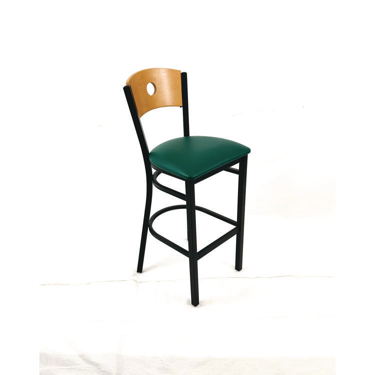 Circle Series Barstool, Supports Up to 300 lb, 28.5" Seat Height, Green Seat, Natural Back, Black Base