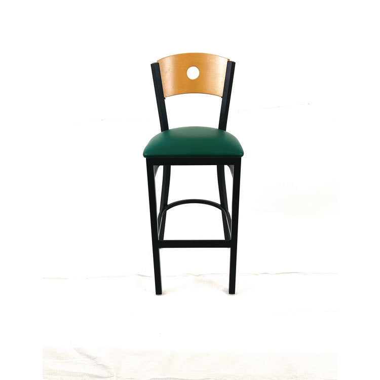 Circle Series Barstool, Supports Up to 300 lb, 28.5" Seat Height, Green Seat, Natural Back, Black Base