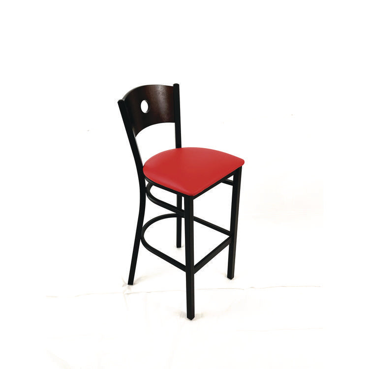 Circle Series Barstool, Supports Up to 300 lb, 28.5" Seat Height, Red Seat, Dark Walnut Back, Black Base
