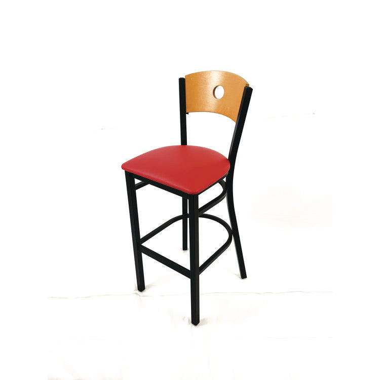 Circle Series Barstool, Supports Up to 300 lb, 28.5" Seat Height, Red Seat, Natural Back, Black Base