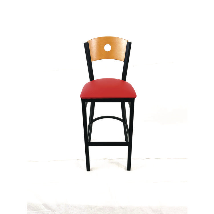 Circle Series Barstool, Supports Up to 300 lb, 28.5" Seat Height, Red Seat, Natural Back, Black Base