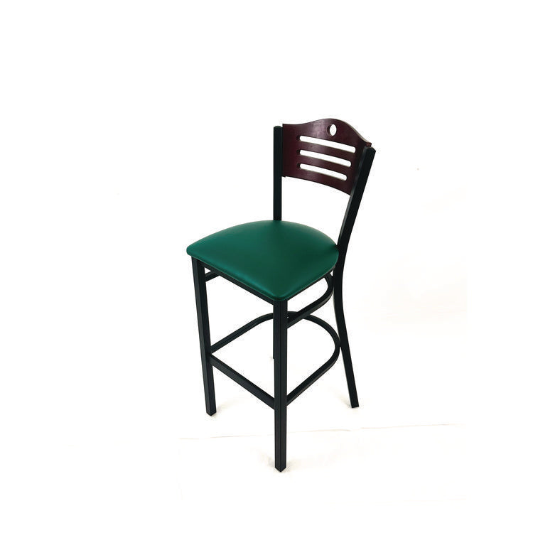 Eagle Series Barstool, Supports Up to 300 lb, 28.5" Seat Height, Green Seat, Dark Mahogany Back, Black Base