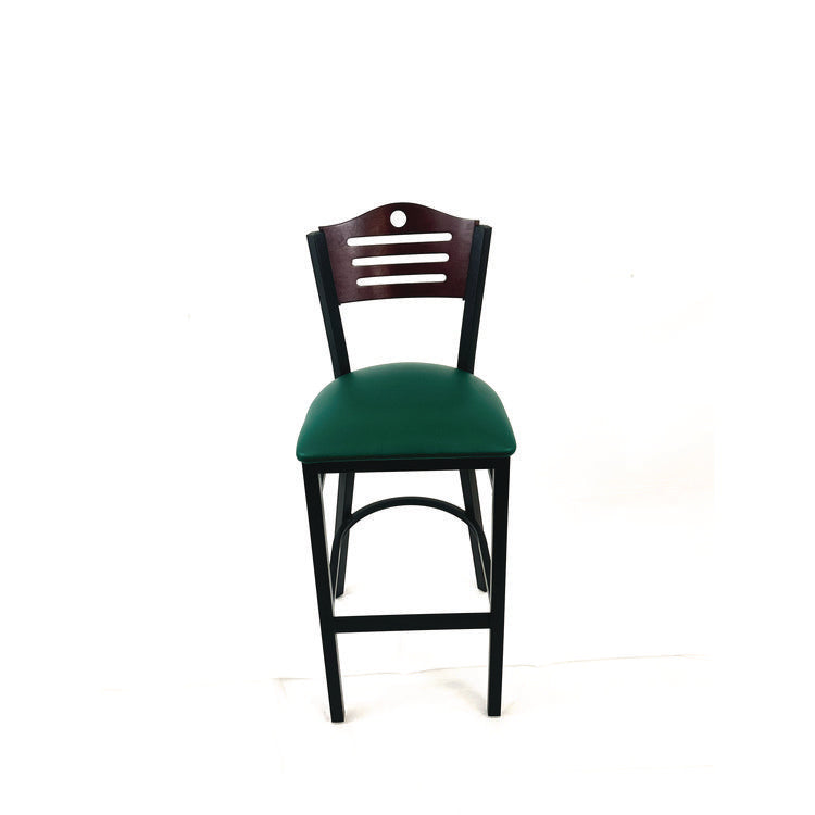 Eagle Series Barstool, Supports Up to 300 lb, 28.5" Seat Height, Green Seat, Dark Mahogany Back, Black Base