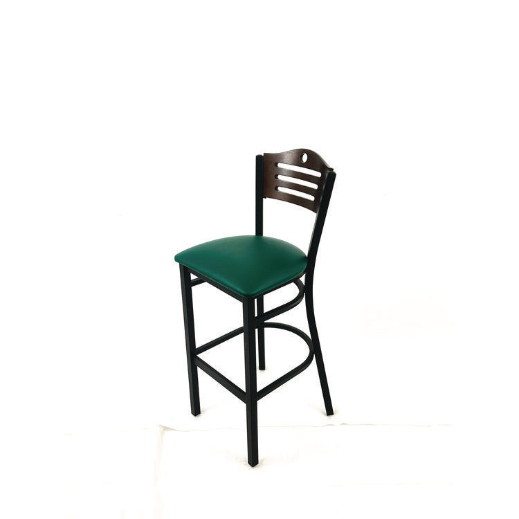 Eagle Series Barstool, Supports Up to 300 lb, 28.5" Seat Height, Green Seat, Dark Walnut Back, Black Base